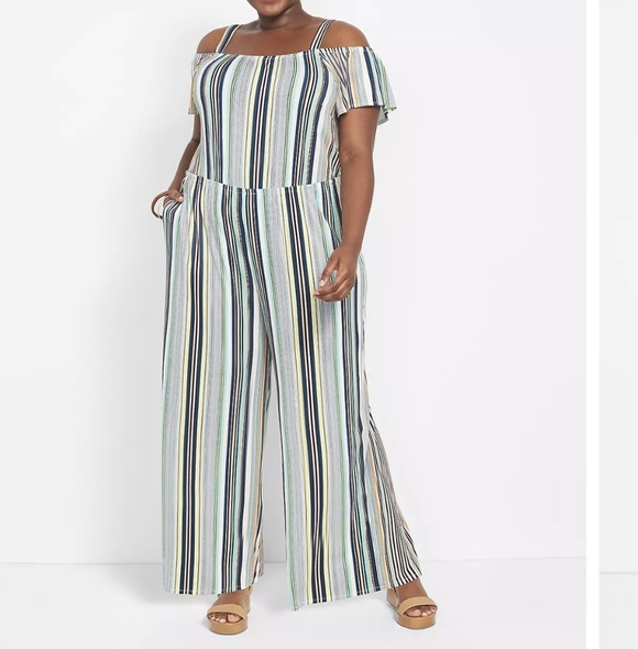 Lane Bryant summer short sleeve cold shoulder striped jumpsuit sz 18/20 - Picture 6 of 7